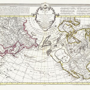 Buache et Delisle、Carte Des Nouvelles Decouvertes Au Nord de la Mer de Sud、1752 年、厚手の綿キャンバスに地図、約 22x27 インチ。