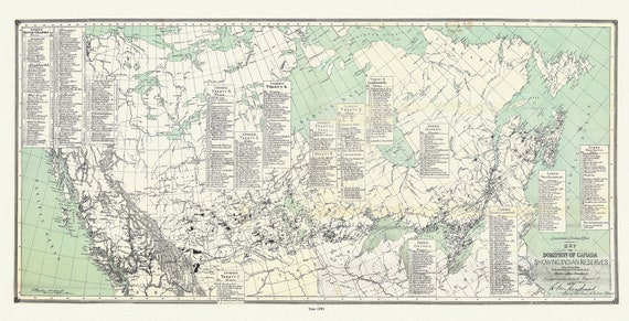 Map of the Dominion of Canada, showing Indian reserves, 1891,, vintage map reprinted on durable cotton canvas, 16 x 30" approx.