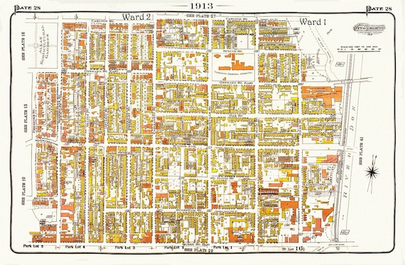 Plate 28, Toronto Central East, Cabbagetown, 1913, map on heavy cotton canvas, 20 x 30" approx.