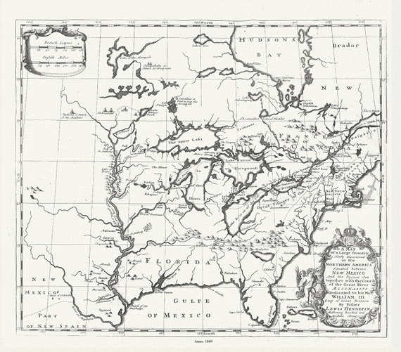 Map of a Large Country Newly Discovered in the Northern America Situated between New Mexico And the Frozen Sea, Hennepin,1698, 20 25" approx