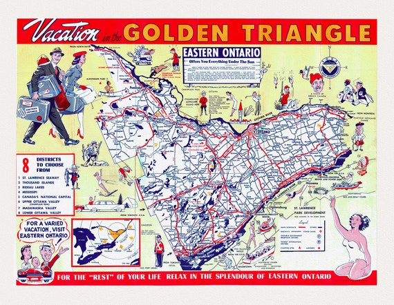 Eastern Ontario, Vacation map and guide, 1959 , map on heavy cotton canvas, 22x27" approx.