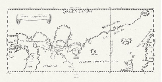 Greenland and Canada, Tabula Groenlandica, Le Peyere auth., 1674  , map on durable cotton canvas, 50 x 70 cm, 20 x 25" approx.