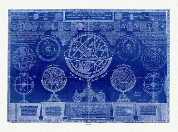 la geographie carte des diverses positions de la sphere, des systhemes de Univers, des planettes, des eclypses, cyanotype, 1798, 22x27