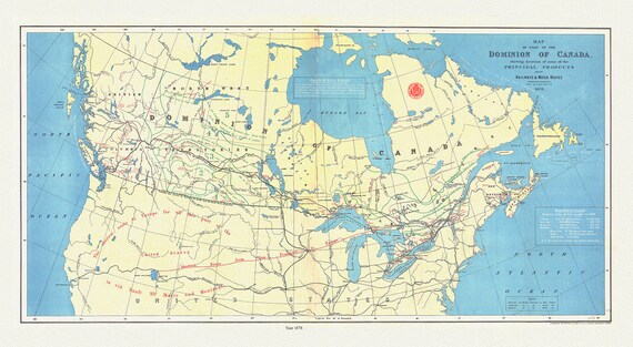 Dominion of Canada, shewing  principal products, also railway & water routes, 1878, Smith auth. map on canvas, 50 x 70 cm, 20 x 25" approx.