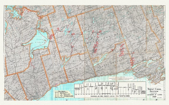 Trent Canal System Showing Location of Locks in 1929, map on heavy cotton canvas, 45 x 65 cm, 18 x 24" approx.