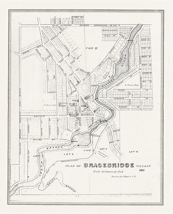 Bracebridge, Muskoka Region, 1893, map on heavy cotton canvas, 22x27" approx.