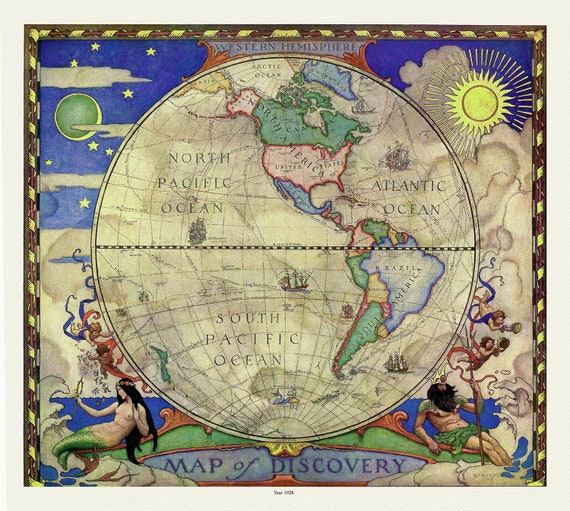 Western Hemisphere, A Map of Discovery, Wyeth auth., 1928, map on heavy cotton canvas, 50 x 70 cm, 20 x 25" approx.