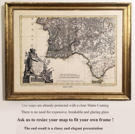 All Our Maps have a Matte Transparent Clear Protective Coating. Often there is No Need for Heavy, Fragile Glaring Glass. Use an old Frame!
