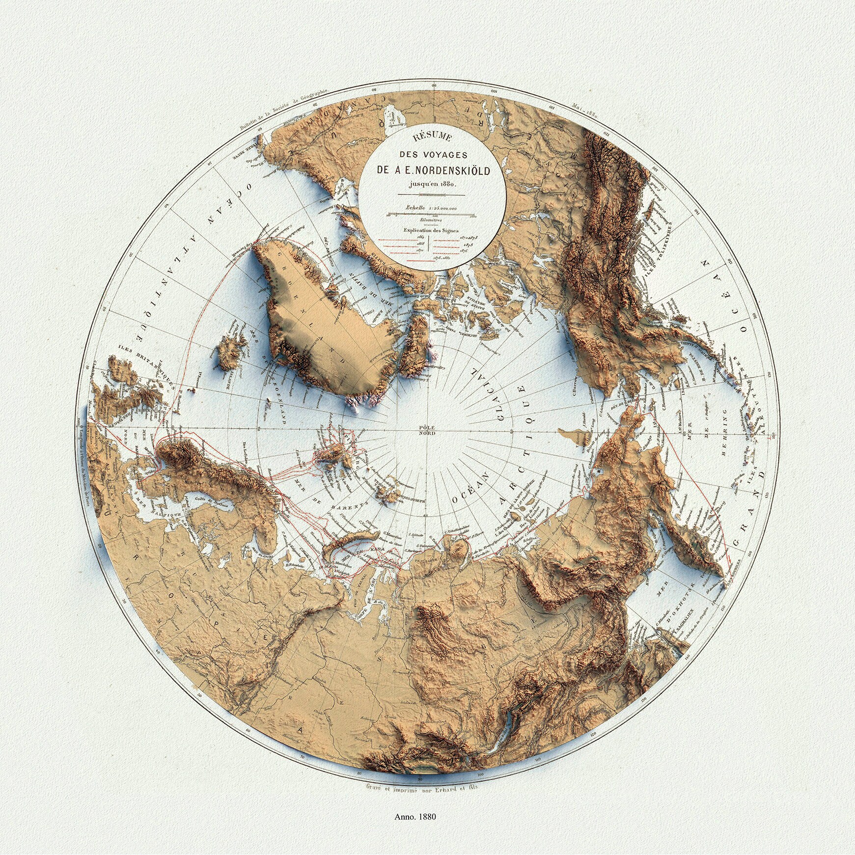 The Polar North, Arctic in High Relief, map on durable cotton canvas, 50 x 70 cm, 20 x 25" approx.