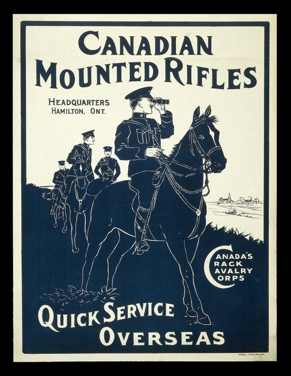 Canada WW I Poster, Canadian Mounted Rifles, 1914, on heavy cotton canvas, 50 x 70 cm, 20 x 25" approx.