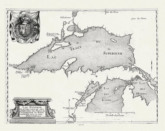Lac Superieur et autres lieux ou sont les Missions des Peres de la Compagnie de Jesus comprises sous le non D'outaouacs, 1672, 20 x 25"