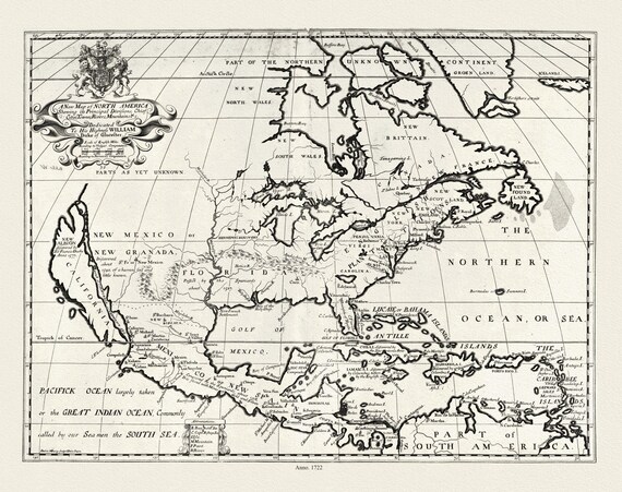 A new map of North America shewing its principal divisions.,1722, map on durable cotton canvas, 50 x 70 cm, 20 x 25" approx.