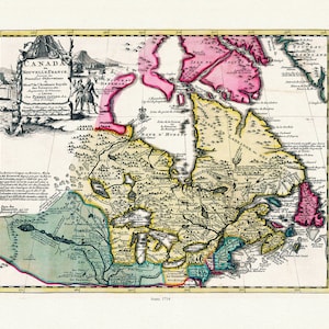 Nouvelle France, 1714, map on heavy cotton canvas, 22x27" approx.