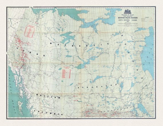 Map showing Mounted Police stations in North-Western Canada, 1904, map on heavy cotton canvas, 22x27" approx.