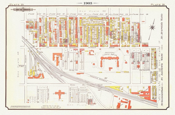 Plate 21, Toronto West, Parkdale, Liberty Village, 1903, map on heavy cotton canvas, 20 x 30" or 50 x 75cm. approx.
