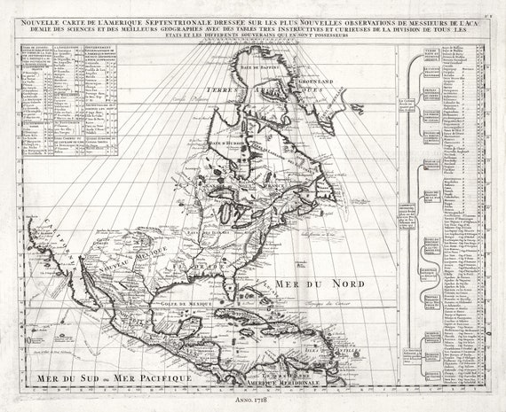 Nouvelle carte de l'Amerique Septentrionale, (North America), 1718, on heavy cotton canvas, 22x27" approx.