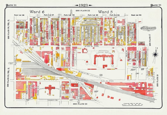 Plate 21, Toronto West, Parkdale & Liberty Village, Lunatic Asylum, 1923, Map on heavy cotton canvas, 18x27in. approx.
