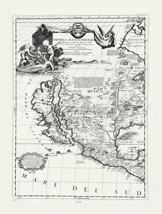 America Settentrionale colle nuoue scoperte fin al'anno 1688, diuisa nelle sue parti secundo lo stato.1688.Coronelli, canvas, 20 x 25"