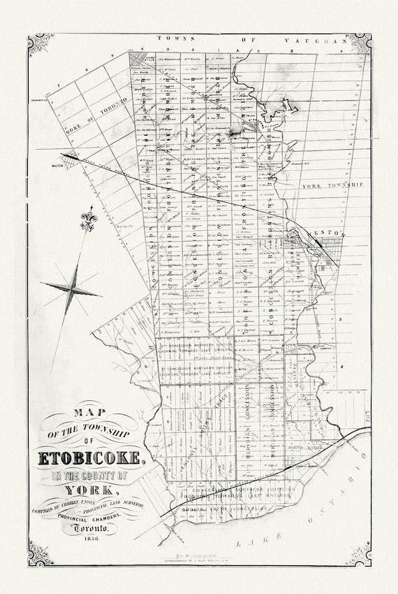 Map of the township of Etobicoke, in the county of York, 1856 Ver. 2PR, map on durable cotton canvas, 50 x 70 cm, 20 x 25" approx.