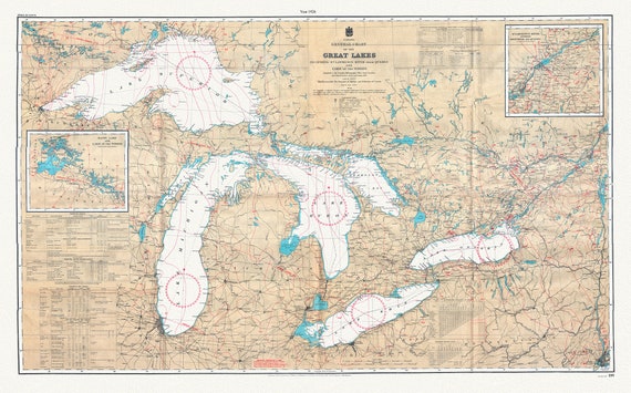 Canada Hydrographic Office, A General Chart of the Great Lakes, 1927 , map on heavy cotton canvas, 50x70cm (20 x 25") approx.