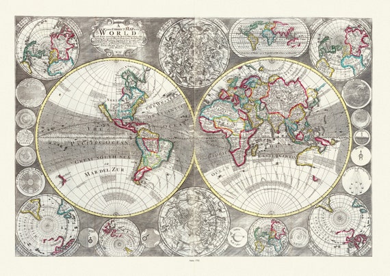 Willday, No. 1. A New and Correct Map of the World laid down according to the newest observations, 1702, Map on heavy cotton canvas, 22x27in