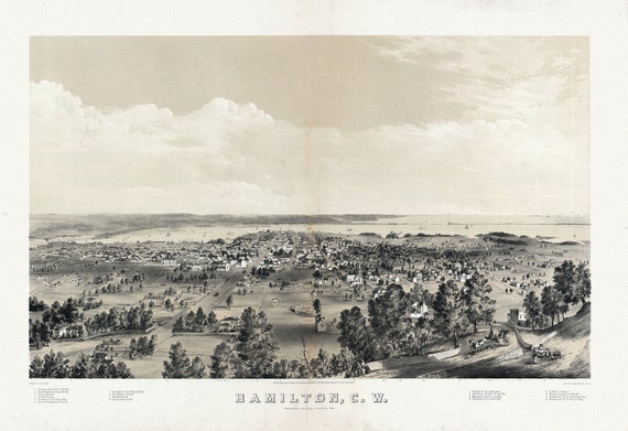 Hamilton, Ontario, Canada West, 1859 , map on heavy cotton canvas, 50 x 70 cm, 20 x 25" approx.