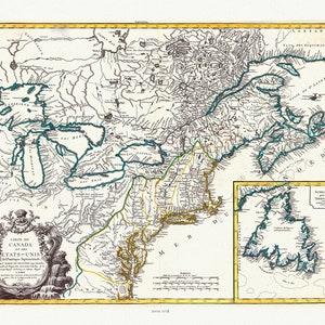 Vaugondy, Carte du Canada et des Etats Unis de l'Amérique Septentrionale, 1778 , map on heavy cotton canvas, 22x27" approx.