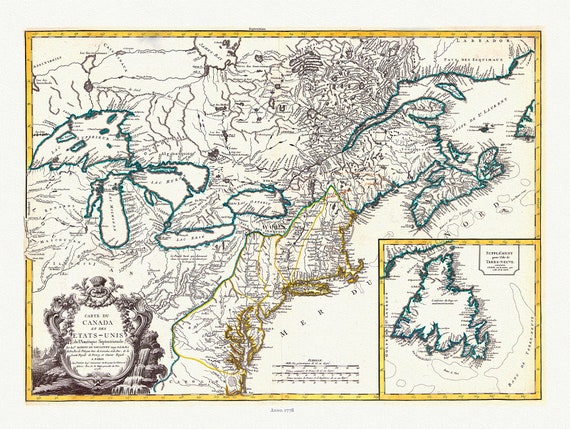 Vaugondy, Carte du Canada et des Etats Unis de l'Amérique Septentrionale, 1778 , map on heavy cotton canvas, 22x27" approx.
