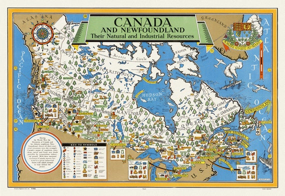 Canada and Newfoundland , Their natural and industrial resources, 1942, map on heavy cotton canvas, 22x27" approx.