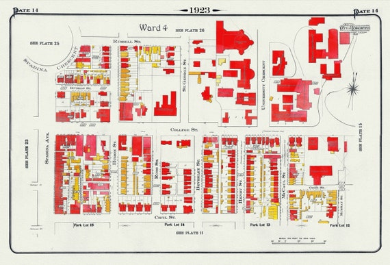 Plate 14, Toronto Downtown West, Spadina Crescent South East, 1923, Map on heavy cotton canvas, 18x27in. approx.