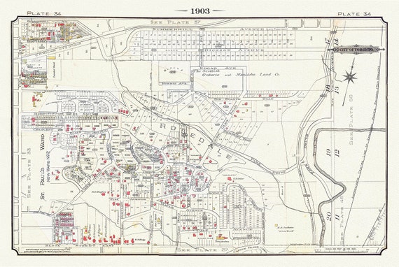 Plate 34, Toronto Uptown East, Rosedale, 1903, map on heavy cotton canvas, 20 x 30" or 50 x 75cm. approx.