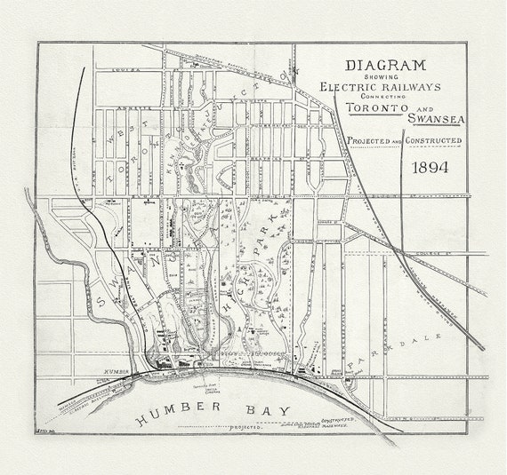 Diagram showing electric railways connecting Toronto and Swansea projected and constructed, 189 on  canvas, 50 x 70 cm, 20 x 25" approx.