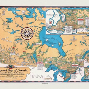Canada, A Literary Map, 1936 , carte vintage réimprimée sur toile de coton durable, 50 x 70 cm, 20 x 25 » env.