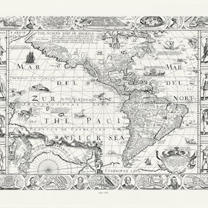 Nord- und Südamerika, 1658, Walton Landkarte auf strapazierfähiger Baumwollleinwand, 50 x 70 cm, 20 x 25" ca.