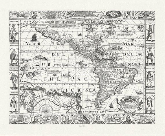 North and South America ,1658, Walton auth. map on durable cotton canvas, 50 x 70 cm, 20 x 25" approx.