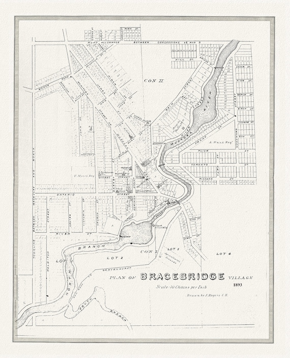 Bracebridge, Muskoka Region, 1893, map on durable cotton canvas, 50 x 70 cm or 20x25" approx.