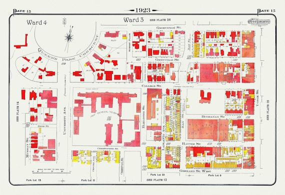 Plate 15, Toronto Downtown, Queen's Park Circle South East, 1923, Map on heavy cotton canvas, 18x27in. approx.