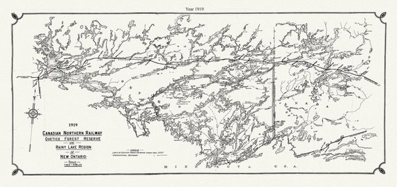 Canadian Northern Railway Quetico forest reserve and Rainy Lake region of New Ontario, 1919 , map on canvas, 50 x 70 cm, 20 x 25" approx.