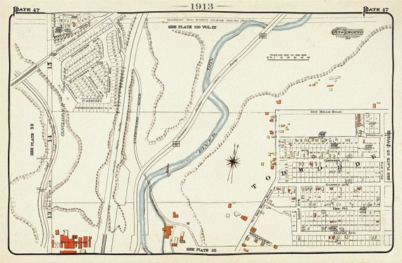 Plate 47, Toronto East, Danforth, Todmordon, 1913, map on heavy cotton canvas, 20 x 30" approx.