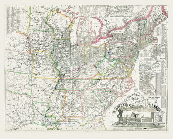 Watson's new rail-road and distance map of the United States and Canada, 1871, on heavy cotton canvas, 24x27" approx.