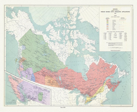 Canada,  showing the locations of Indian bands with linguistic affiliations, 1965 , map on  cotton canvas, 50 x 70 cm, 20 x 25" approx.