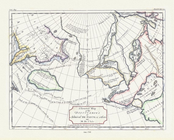 General map of the discoveries of Admiral de Fonte & others, Delisle auth., 1745 , on durable cotton canvas, 50 x 70 cm, 20 x 25" approx.