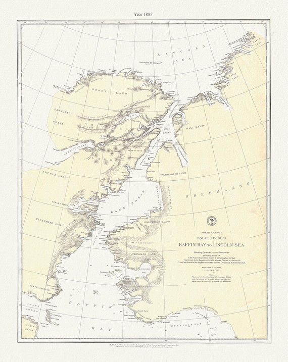 Polar Regions, Baffin Bay to Lincoln Sea, 1885, map on durable cotton canvas, 50 x 70 cm, 20 x 25" approx.