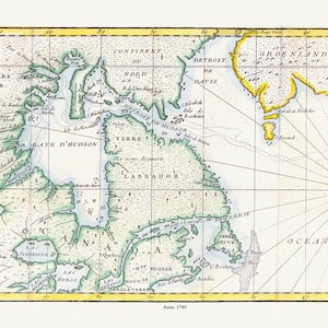 Nouvelle carte des party, ou lon a cherche le pass de nord-ouest dans les annees 1746 et 1747、エリス認証。キャンバス上の地図、20 x 25インチ