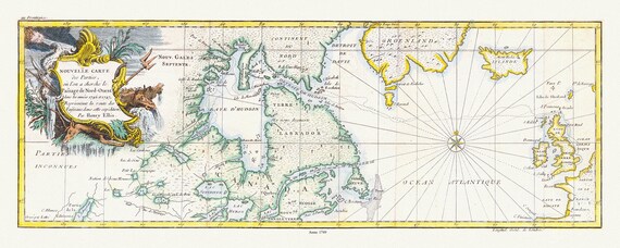 Nouvelle carte des parties, ou lon a cherche le passage de nord-ouest dans les annees 1746 et 1747, Ellis auth. map on canvas, 20 x 25"