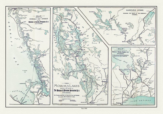 Muskoka Lakes, Guide to Steamer Routes, 1888  , map on durable cotton canvas, 50 x 70 cm, 20 x 25" approx.