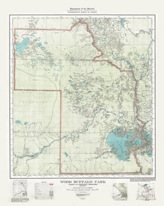 Wood Buffalo Park, Alberta and Northwest Territories, 1931 , map on heavy cotton canvas, 22x27" approx.