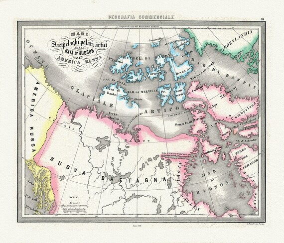 Mari Archipelaghi polari artici dalla Baia d'Hudson all' America Russa, 1858, Marmocchi auth. map on cotton canvas, 20 x 25" approx