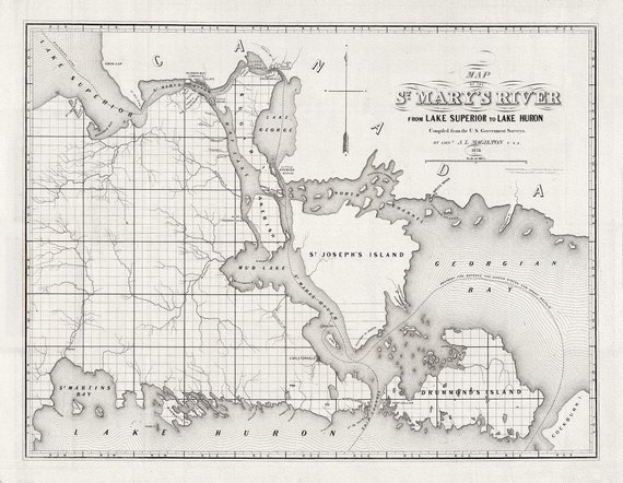 St. Mary's River From Lake Superior To Lake Huron, Ontario, Map on heavy Cotton Canvas, 1855, 22x27" approx.