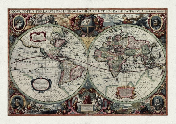 Hondius, Terrarum Orbis, 1640, Map on heavy cotton canvas, 22x27in. approx.